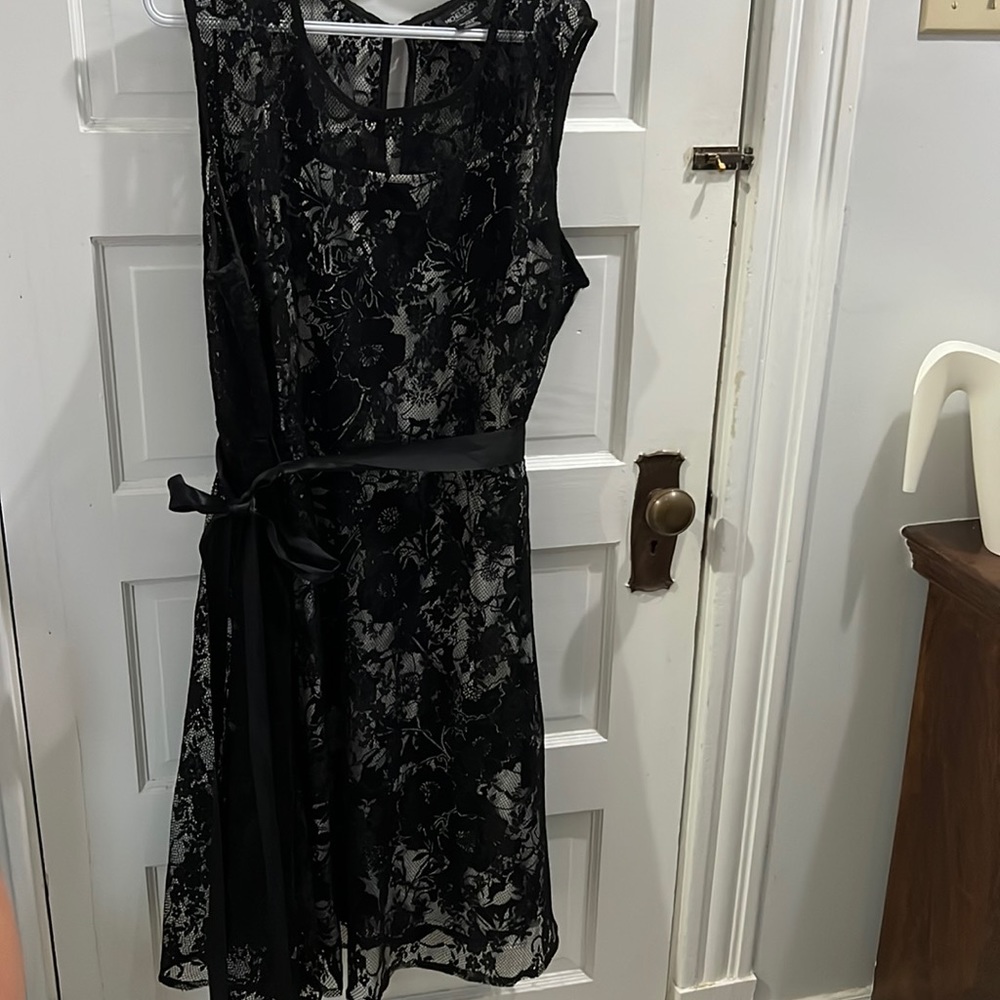 Plus sized Black and white dress with black lace overlay